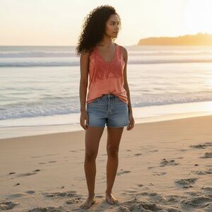 Madewell V-neck Dip Dye Burnt Orange 100% Cotton Pocket Tank Top